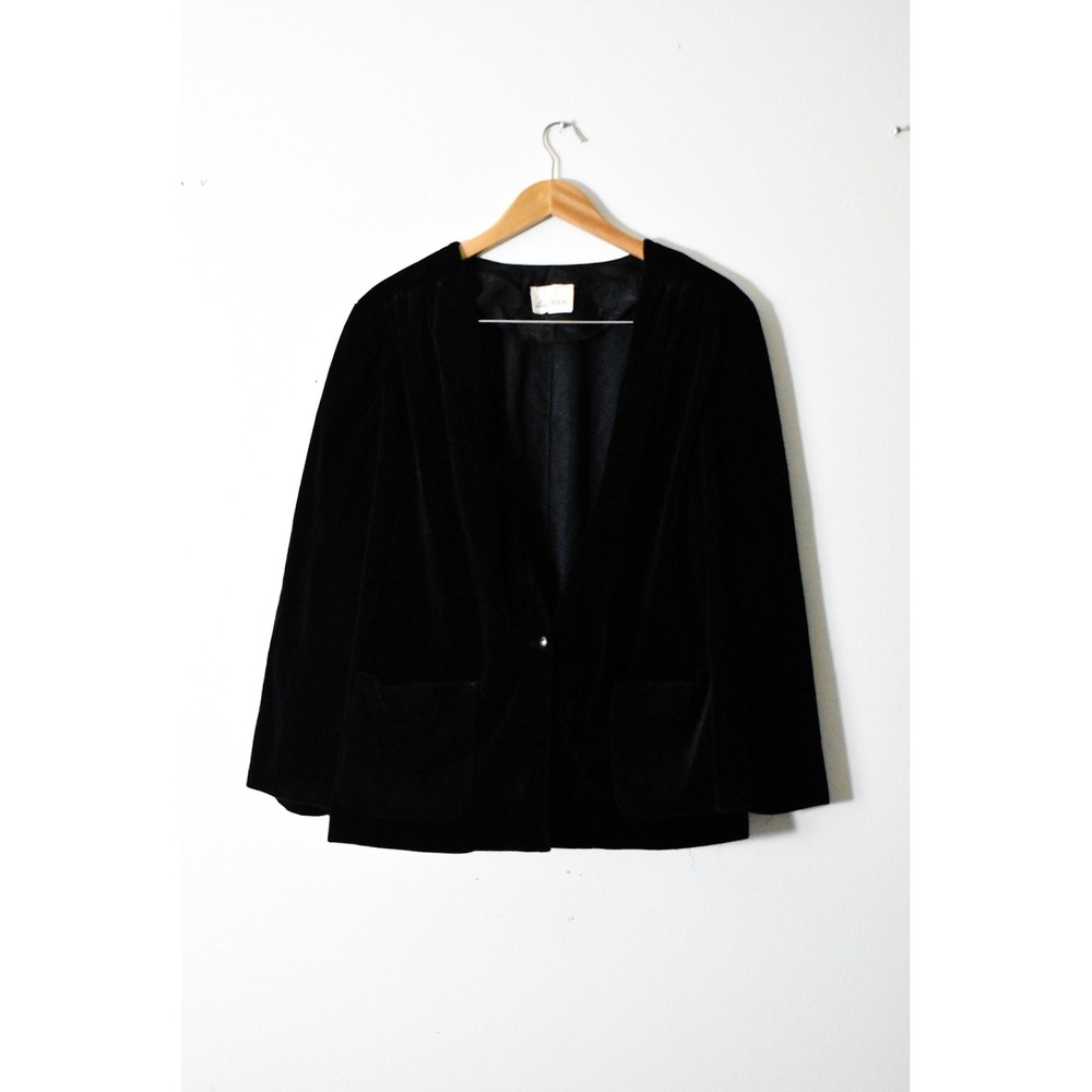 Lady Devon‎ Velvet Blazer Women 40 Black Vintage 80s Collarless Pocket Jacket